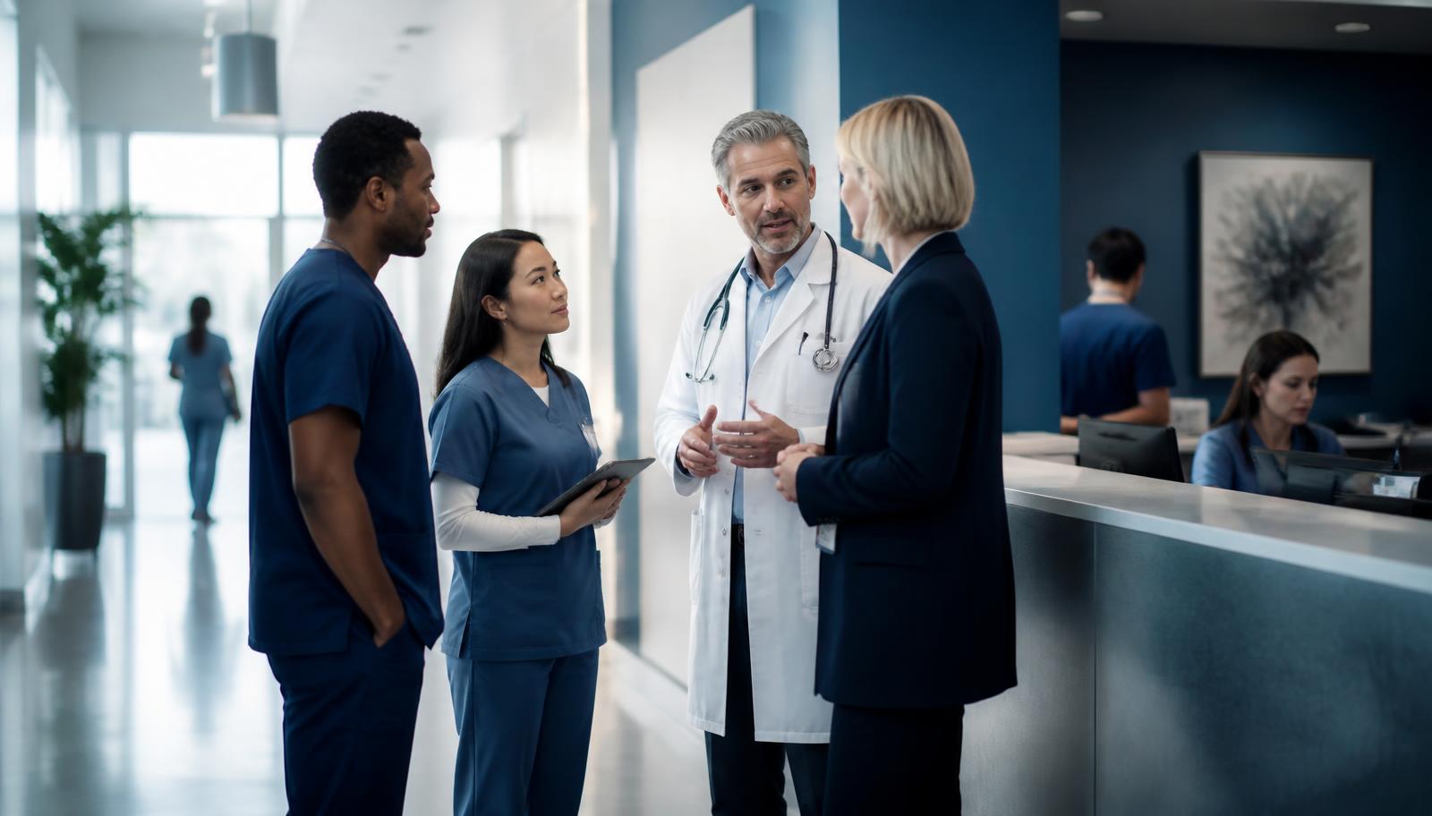 Physicians, clinical staff, and an administrator conferring in a multi-specialty medical office